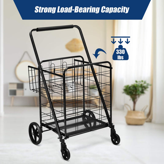 Folding Shopping Cart, Jumbo Double Basket Utility Grocery Cart 330lbs Capacity with 360 degree Rolling Swivel Wheels - GoplusUS