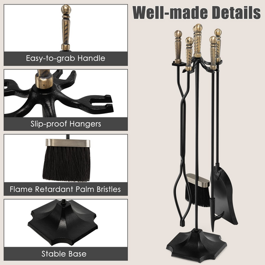 Goplus Fireplace Tool Set, Outdoor Modern Fireplace Tools with Poker, Shovel, Fire-Resistant Brush, Tong, Stand - GoplusUS