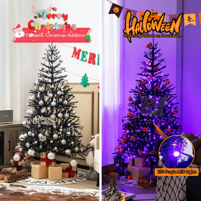 Load image into Gallery viewer, Goplus 6ft Pre-lit Black Halloween Tree, Hinged Artificial Christmas Tree w/ 250 Purple LED Lights - GoplusUS
