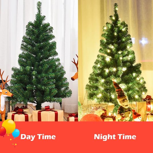 4ft Pre-Lit Christmas Tree, Artificial PVC Xmas Tree with 100 Warm White LED Lights and Stable Triangular Stand - GoplusUS