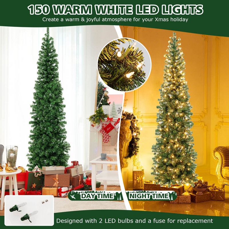 Load image into Gallery viewer, Goplus 7ft Prelit Half-Shape Christmas Tree, Space-Saving Slender Artificial Xmas Tree with 150 LED Lights - GoplusUS
