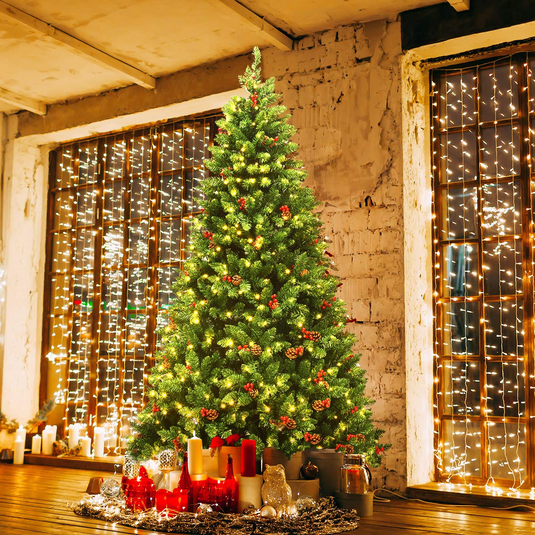 Goplus 7.5FT Pre-Lit Christmas Tree with 550 LED Lights, Hinged Artificial Christmas Tree with 1526 Branch Tips - GoplusUS