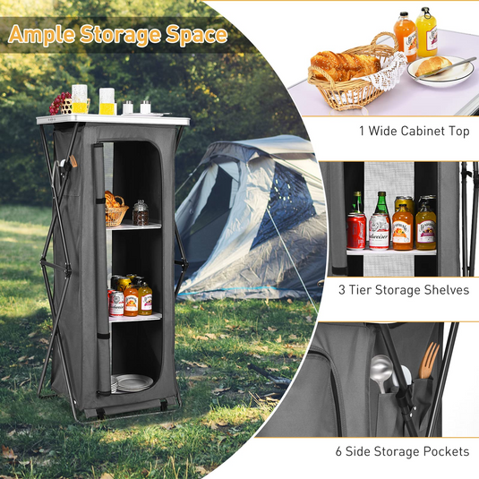 Goplus Folding Camping Storage Cabinet, Pop Up Outdoor Camping Kitchen Station with Large 3-Tier Storage Organizer - GoplusUS