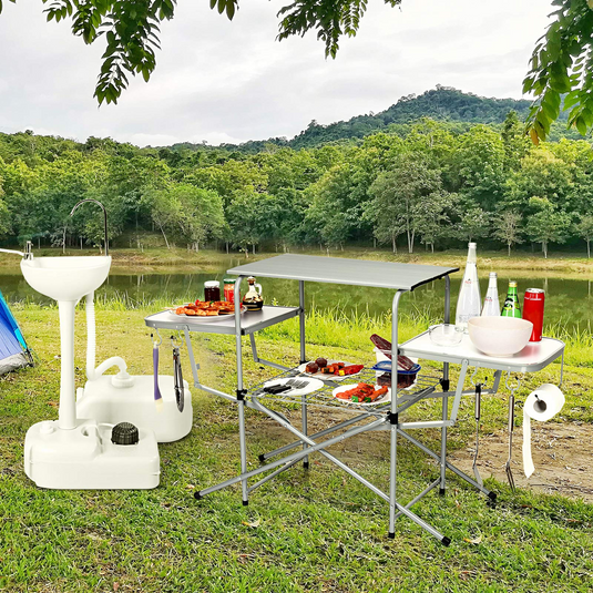Goplus Folding Grill Table, Aluminum Outdoor Camping Kitchen Table with 26'' Main Tabletop - GoplusUS