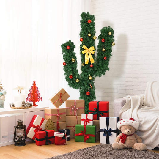 Goplus Pre-Lit Artificial Cactus Christmas Tree with LED Lights and Ball Ornaments - GoplusUS