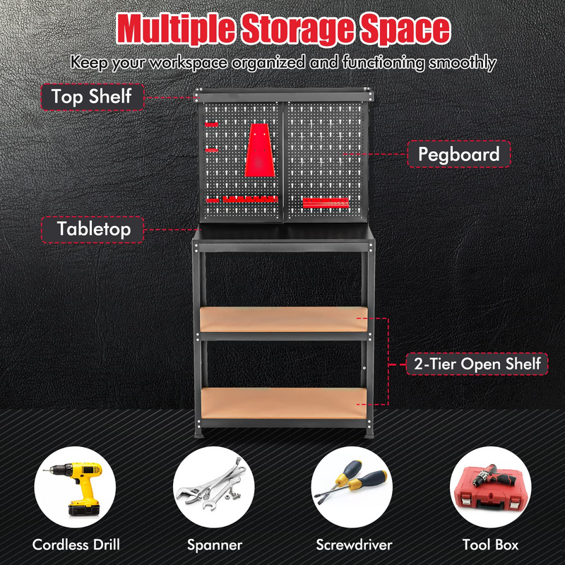 Load image into Gallery viewer, Goplus Workbench with Pegboard, Heavy-Duty Steel Tool Table with 2 Open Shelves, 13 Hanging Accessories Included - GoplusUS
