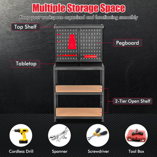 Goplus Workbench with Pegboard, Heavy-Duty Steel Tool Table with 2 Open Shelves, 13 Hanging Accessories Included - GoplusUS