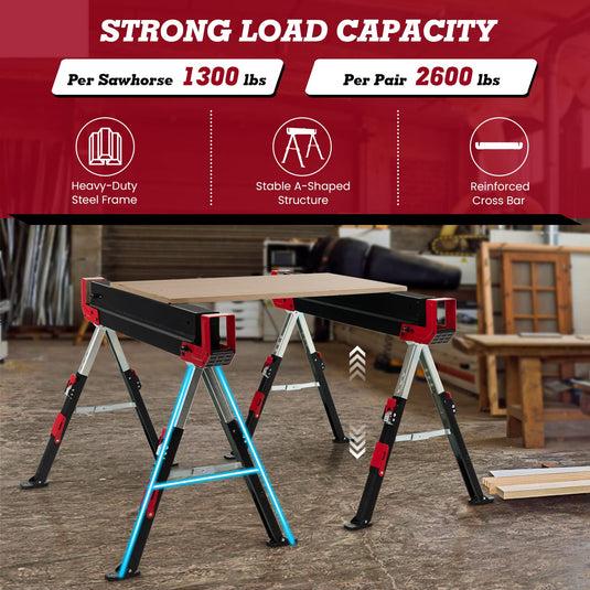 Goplus 2 Pack Folding Saw Horses, Heavy Duty Steel Sawhorse w/24闂傚倸鍊搁崐宄懊归崶顒€纾婚柟鐗堟緲绾惧潡鏌曢崼婵囧闁哄棙绮撻弻銊╂偄閸濆嫅銏ゆ煛閸曗晛鍔﹂柡?32.5闂傚倸鍊搁崐宄懊归崶顒€纾婚柟鐗堟緲绾惧潡鏌曢崼婵囧闁哄棙绮撻弻銊╂偄閸濆嫅銏ゆ煛閸曗晛鍔﹂柡?Adjustable Height, 2x4 Supporting Arms - GoplusUS