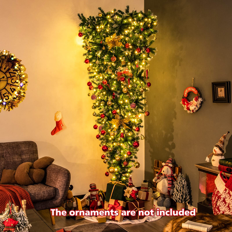 Load image into Gallery viewer, Goplus 7.5ft Pre-lit Upside Down Christmas Tree, Hinged Inverted Artificial Xmas Tree W/ 1100 Snowy Branch Tips - GoplusUS
