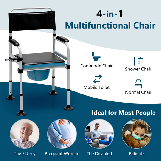 Goplus 4-in-1 Bedside Commode, Folding Toilet Bedside Shower Chair with Detachable Bucket - GoplusUS