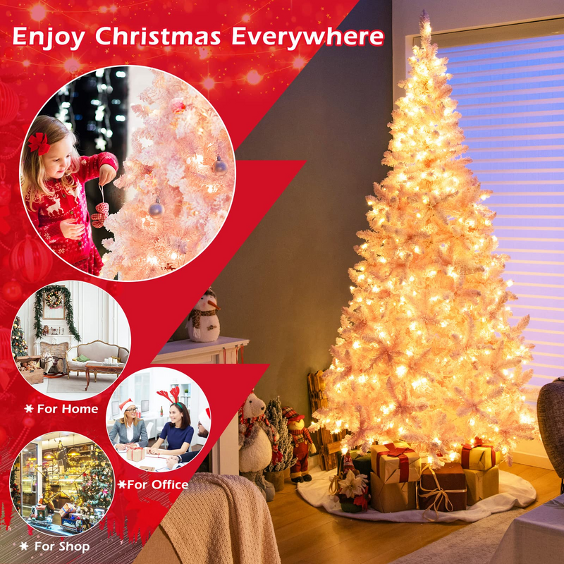 Load image into Gallery viewer, Goplus 7.5ft Pink Pre-Lit Christmas Tree, Hinged Artificial Snow Flocked Xmas Tree with 1100 PVC Branch Tips, 450 LED Lights - GoplusUS
