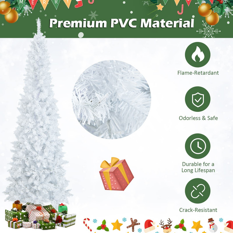 Load image into Gallery viewer, Goplus 7ft White Pre-Lit Pencil Christmas Tree, Artificial Hinged Slim Tree with 800 Tips, 300 Warm White Lights - GoplusUS
