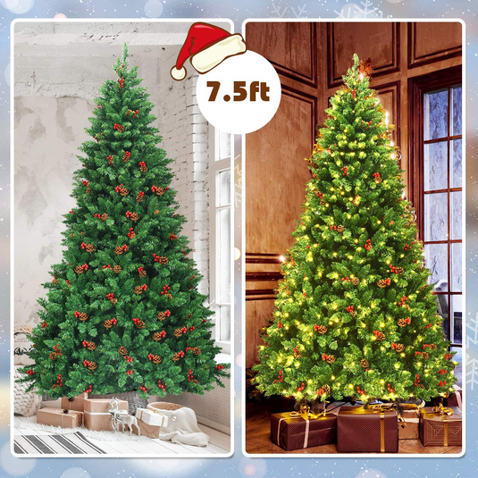 Goplus 7.5FT Pre-Lit Christmas Tree with 550 LED Lights, Hinged Artificial Christmas Tree with 1526 Branch Tips - GoplusUS