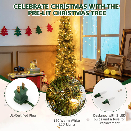 Goplus 7ft Pre-Lit Half-Shape Christmas Tree, Artificial Xmas Tree W/ 403 Branch Tips - GoplusUS