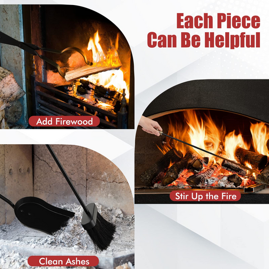 Goplus 5-Piece Fireplace Tools Set, Heavy Duty Steel Fireplace Tools with Poke, Shovel, Fire-resistant Palm Brush, Tong,Stand - GoplusUS