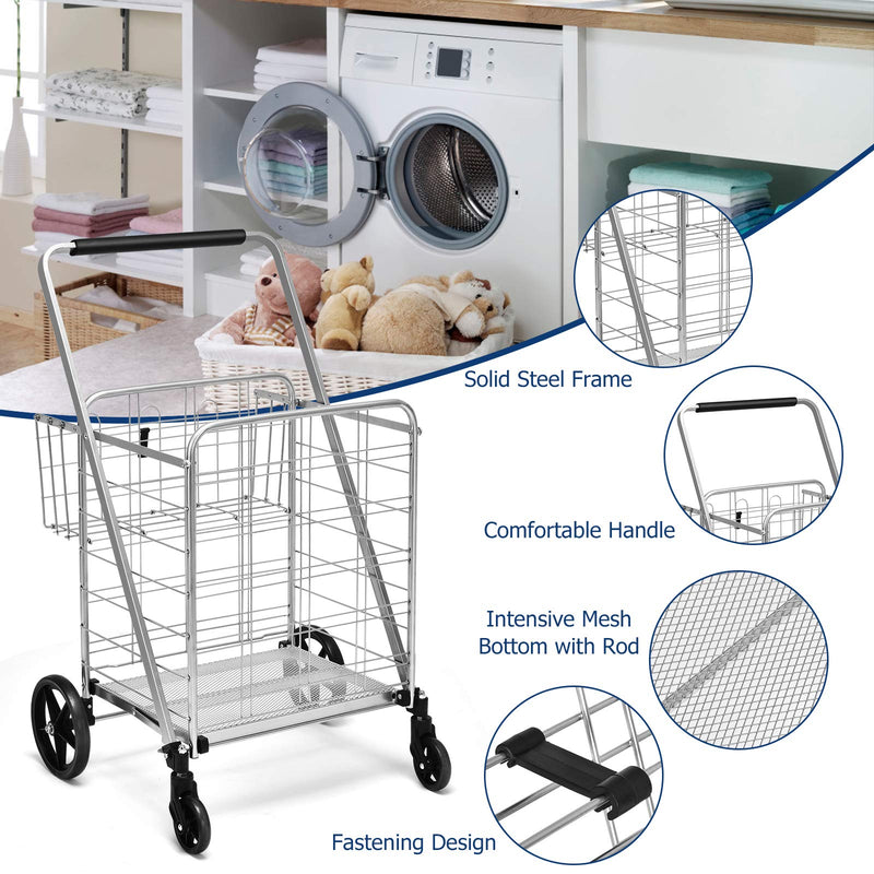 Load image into Gallery viewer, Folding Shopping Cart, Jumbo Double Basket Utility Grocery Cart 330lbs Capacity with 360 degree Rolling Swivel Wheels - GoplusUS
