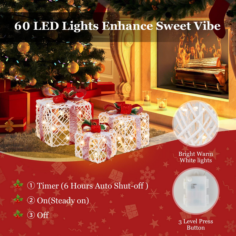 Load image into Gallery viewer, Lighted Gift Boxes Christmas Decoration, Set of 3 White Present Ornament Boxes with 60 LED Lights - GoplusUS
