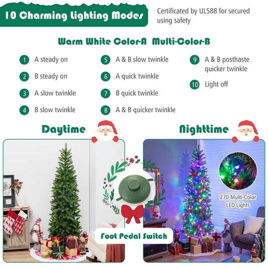 Goplus 6ft / 7ft Pre-Lit Pencil Christmas Tree, Hinged Artificial Slim Tree with 648 PVC PE Branch Tips - GoplusUS