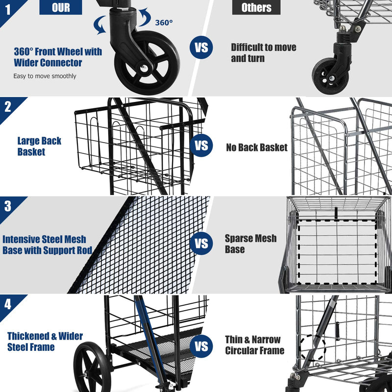 Load image into Gallery viewer, Folding Shopping Cart, Jumbo Double Basket Utility Grocery Cart 330lbs Capacity with 360 degree Rolling Swivel Wheels - GoplusUS
