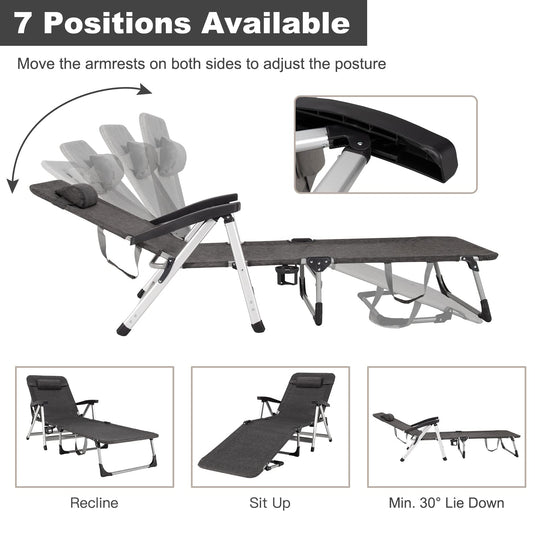 Chaise Lounge Chair, Folding Outdoor Patio Lounger with Cup Holder & Detachable Headrest - GoplusUS
