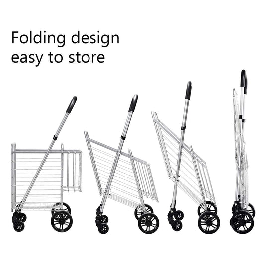 Folding Shopping Utility Cart, Double Basket and 360 Swivel Wheels, Adjustable Handle - GoplusUS