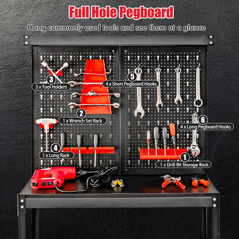 Load image into Gallery viewer, Goplus Workbench with Pegboard, Heavy-Duty Steel Tool Table with 2 Open Shelves, 13 Hanging Accessories Included - GoplusUS
