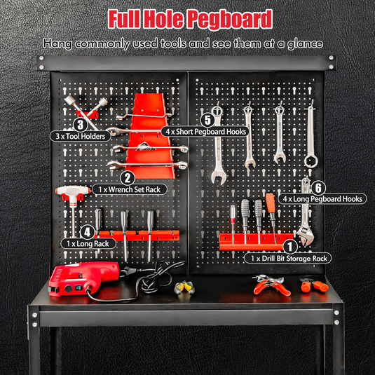 Goplus Workbench with Pegboard, Heavy-Duty Steel Tool Table with 2 Open Shelves, 13 Hanging Accessories Included - GoplusUS