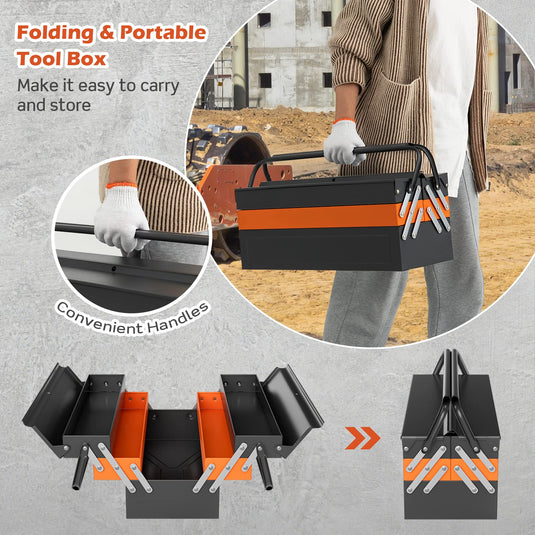 Goplus 22-Inch Metal Tool Box, 3-Layer 5-Tray Portable Folding Tool Chest Organizer with Handle & Lock Hole - GoplusUS