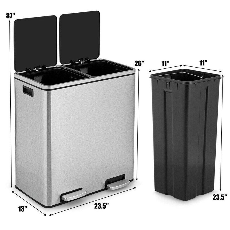Load image into Gallery viewer, Goplus Dual Trash Can, 60 Liter (2x30L)/ 16 Gallon Stainless Steel Step Trash Can - GoplusUS
