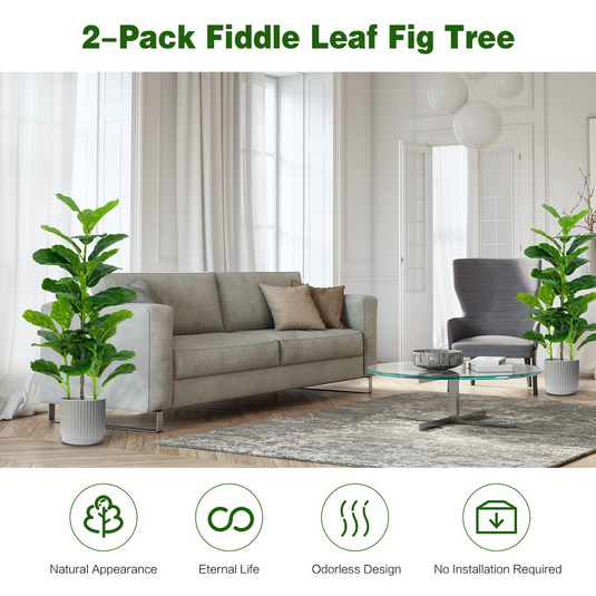 Goplus Fake Fiddle Leaf Fig Tree, 2-Pack 3.3 FT Tall Artificial Tree Greenery Plants in Pots W/40 Leaves - GoplusUS