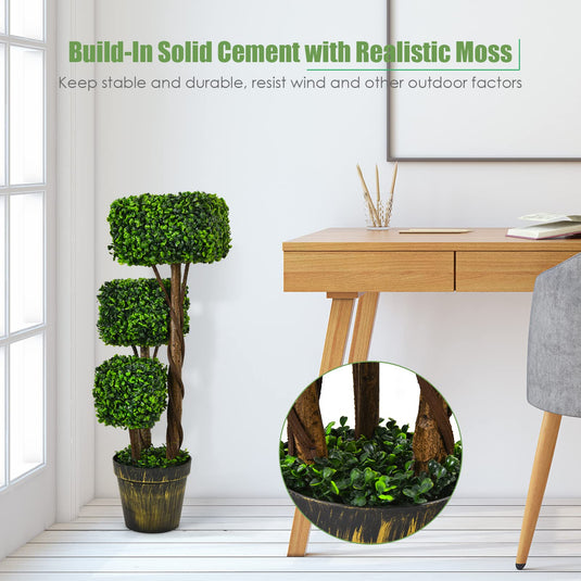 36' Artificial Triple Square Shaped Boxwood Topiary Tree W/ Cement-Filled Plastic Pot - GoplusUS