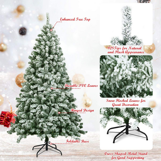 Goplus Snow Flocked Christmas Tree, Artificial Hinged Pine Tree - GoplusUS