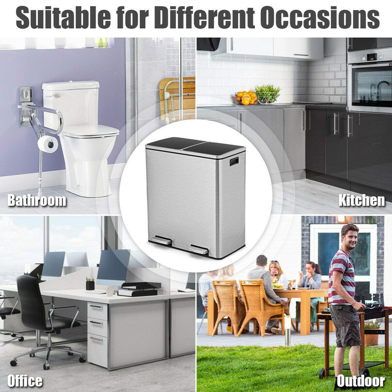 Load image into Gallery viewer, Goplus Dual Trash Can, 60 Liter (2x30L)/ 16 Gallon Stainless Steel Step Trash Can - GoplusUS
