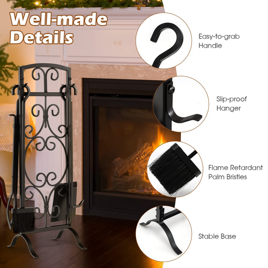 Goplus 5-Piece Fireplace Tools Set, Outdoor Modern Fireplace Tools w/Easy-to-Grab Handles, Poker, Fire-Resistant Brush, Tong, Shovel - GoplusUS