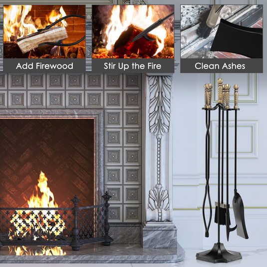 Goplus Fireplace Tool Set, Outdoor Modern Fireplace Tools with Poker, Shovel, Fire-Resistant Brush, Tong, Stand - GoplusUS