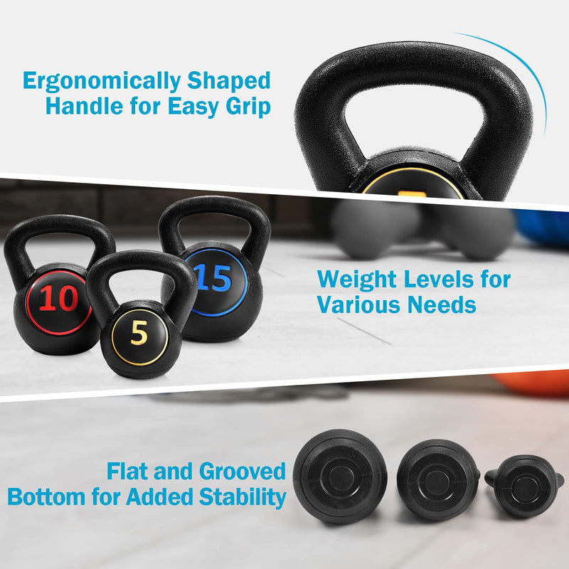 Load image into Gallery viewer, 3 Pieces Kettlebell Set, 5, 10, 15 lbs HDPE Coated Concrete Fitness Kettle Bells - GoplusUS
