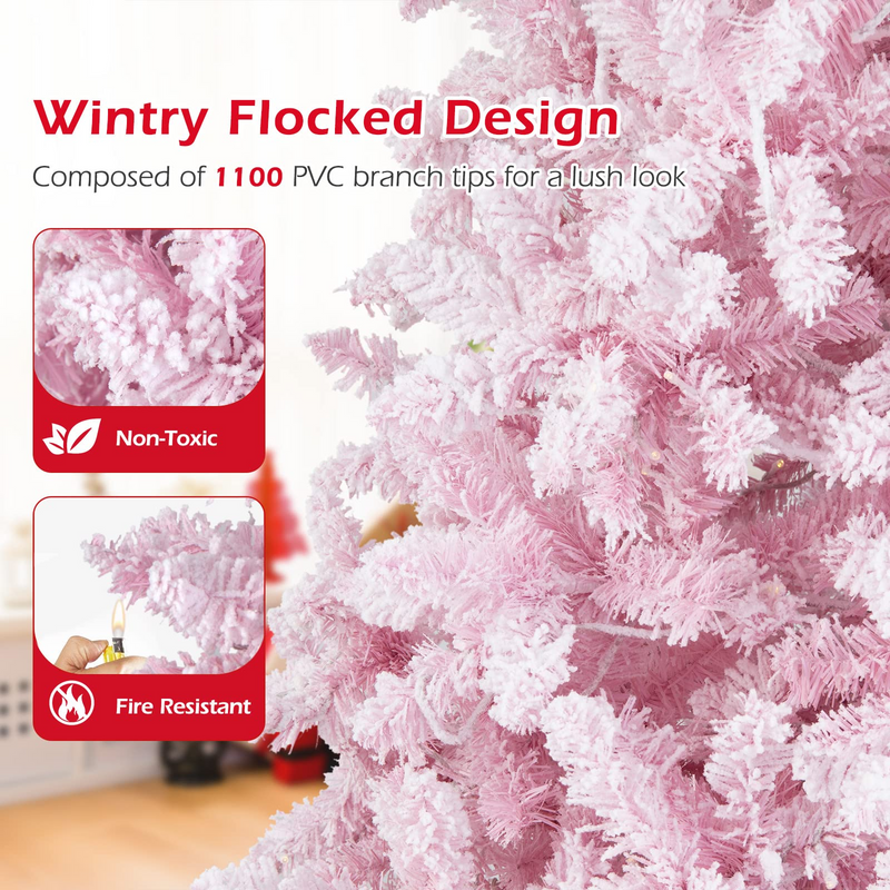 Load image into Gallery viewer, Goplus 7.5ft Pink Pre-Lit Christmas Tree, Hinged Artificial Snow Flocked Xmas Tree with 1100 PVC Branch Tips, 450 LED Lights - GoplusUS

