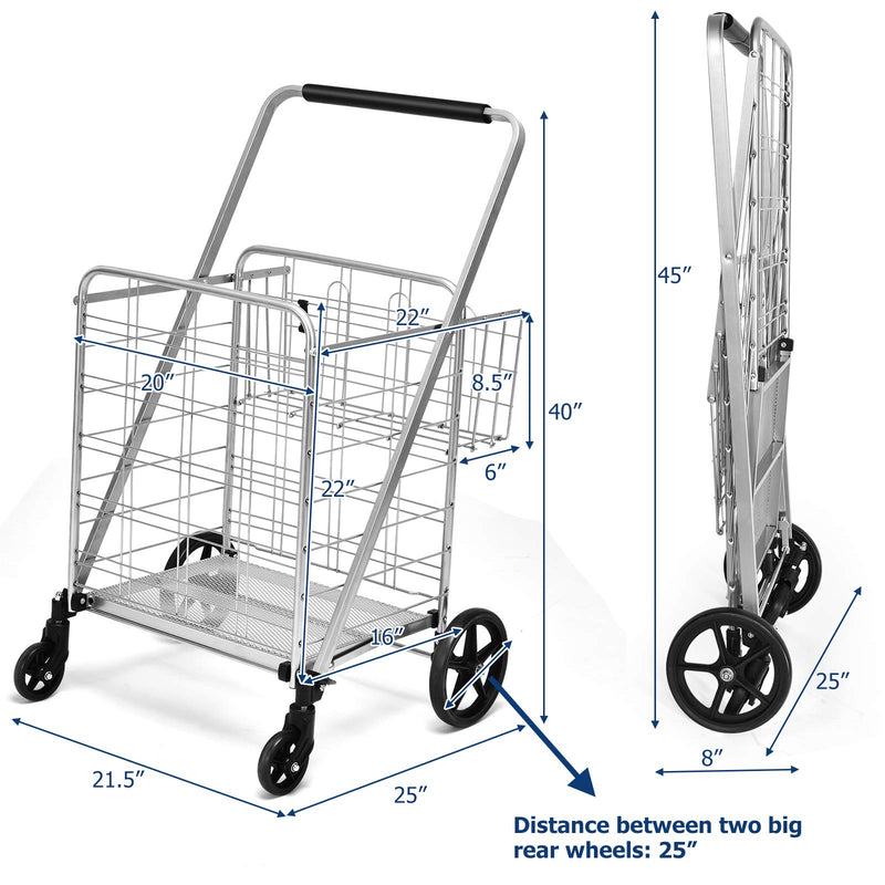 Load image into Gallery viewer, Folding Shopping Cart, Jumbo Double Basket Utility Grocery Cart 330lbs Capacity with 360 degree Rolling Swivel Wheels - GoplusUS
