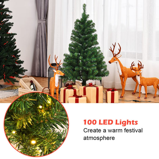 4ft Pre-Lit Christmas Tree, Artificial PVC Xmas Tree with 100 Warm White LED Lights and Stable Triangular Stand - GoplusUS