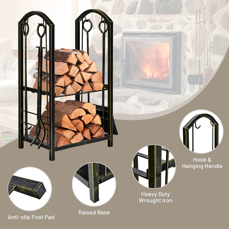 Load image into Gallery viewer, Goplus Firewood Rack with 4 Fireplace Tools, Wrought Iron Log Holders with Poker - GoplusUS
