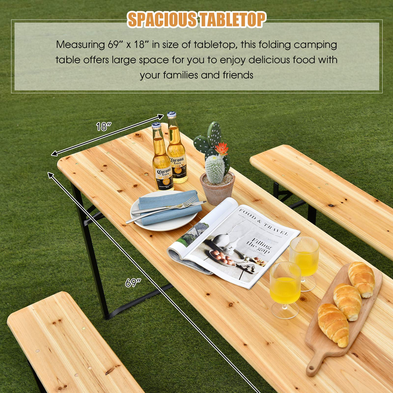 Load image into Gallery viewer, Goplus 70&quot; 3-Piece Portable Folding Picnic Table Bench Set, Portable Picnic Beer Table w/Wooden Tabletop

