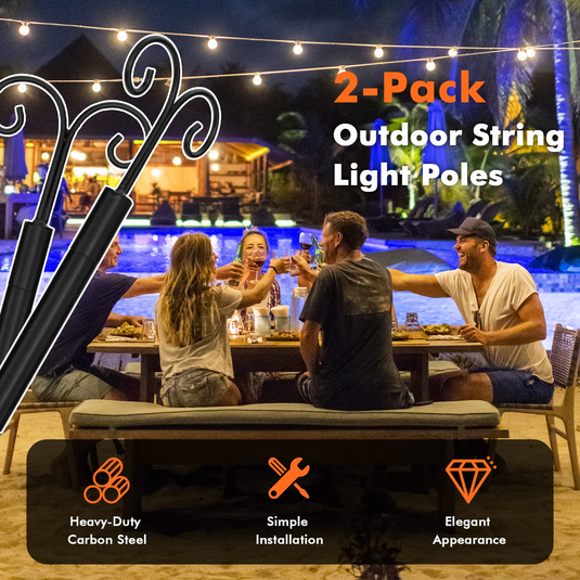 Goplus String Light Pole for Outside, 2 Pack 8ft / 10 ft Outdoor Metal Poles with Hooks for Hanging String Lights - GoplusUS