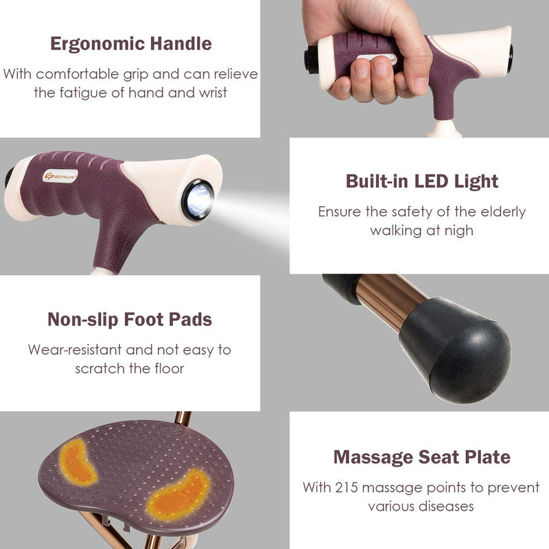 Load image into Gallery viewer, Adjustable Folding Cane Seat, Aluminum Alloy Crutch Chair with LED Light and Retractable 3 Legs - GoplusUS
