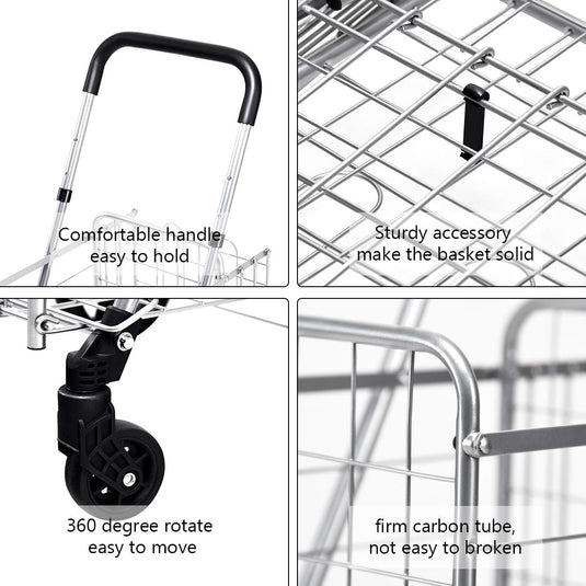 Folding Shopping Utility Cart, Double Basket and 360 Swivel Wheels, Adjustable Handle - GoplusUS