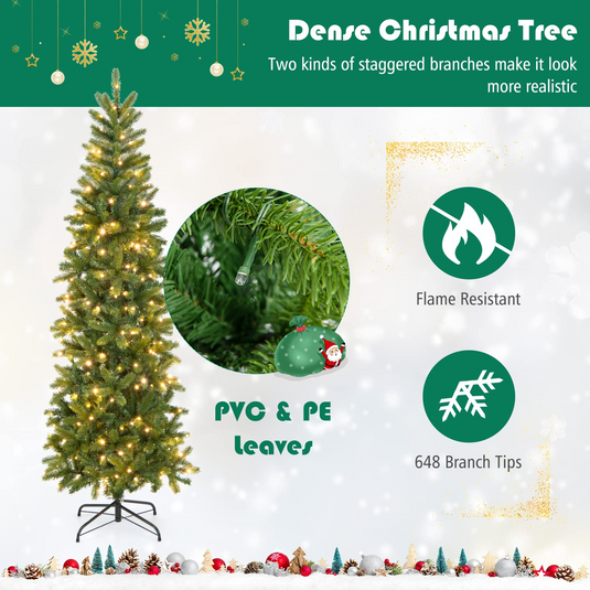 Goplus 6ft / 7ft Pre-Lit Pencil Christmas Tree, Hinged Artificial Slim Tree with 648 PVC PE Branch Tips - GoplusUS