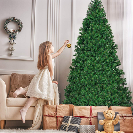 Goplus 9ft Artificial Pre-lit Christmas Tree Premium Spruce Hinged Tree with 700 LED Lights and Solid Metal Stand - GoplusUS