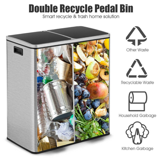 Goplus Dual Trash Can, 60 Liter (2x30L)/ 16 Gallon Stainless Steel Step Trash Can - GoplusUS