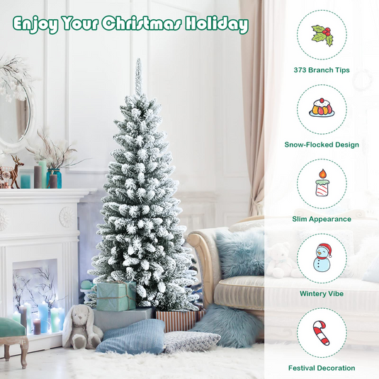 Goplus Snow Flocked Pencil Christmas Tree, Hinged Artificial Slim Xmas Tree - GoplusUS