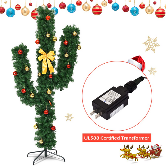 Goplus Pre-Lit Artificial Cactus Christmas Tree with LED Lights and Ball Ornaments - GoplusUS