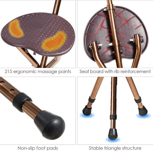 Adjustable Folding Cane Seat, Aluminum Alloy Crutch Chair with LED Light and Retractable 3 Legs - GoplusUS